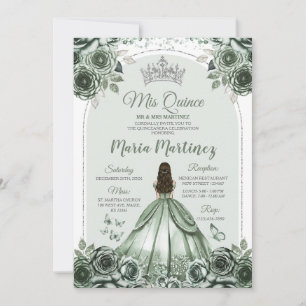 Sage Green Floral Silver Crown Princess Mis Quince Inbjudningar