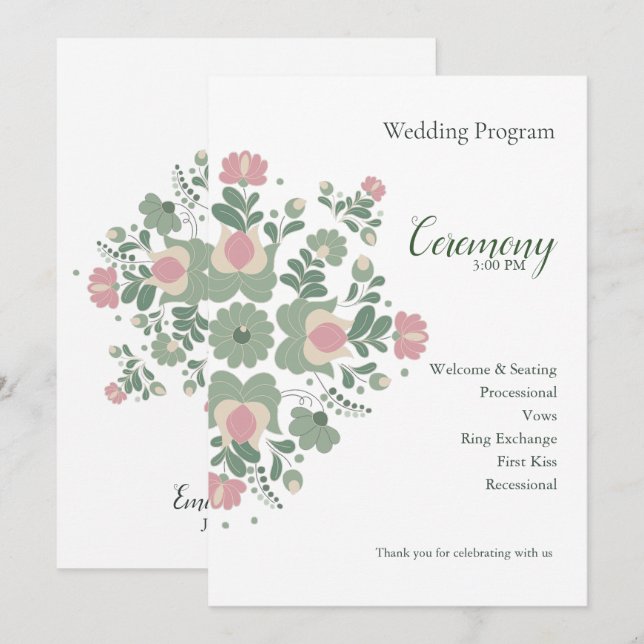 Sage Green Floral Wedding Ceremony Flat Program (Fram/baksida)