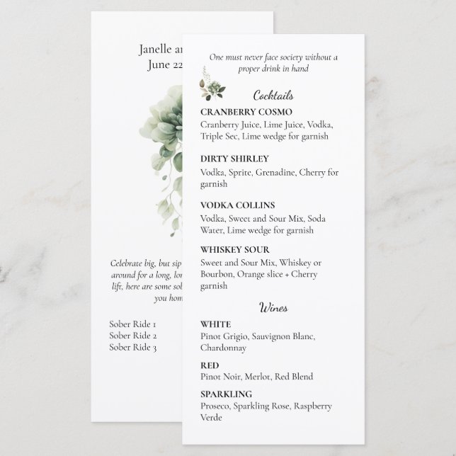 Sage Green Floral Wedding Cocktail and Wine List | Meny (Fram/baksida)