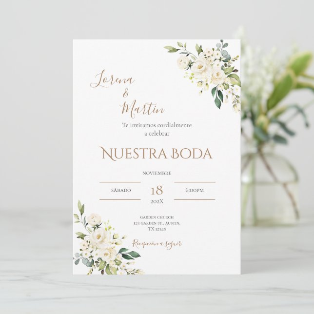Sage Green Floral wedding invitation in Spanish Inbjudningar (Stående Fram)