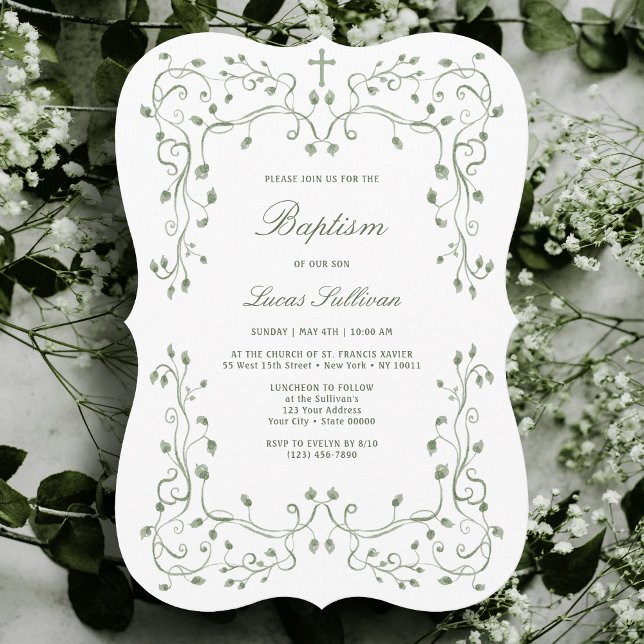 Sage Green Foliage Frame Baptism Invitation Inbjudningar (Skapare uppladdad)
