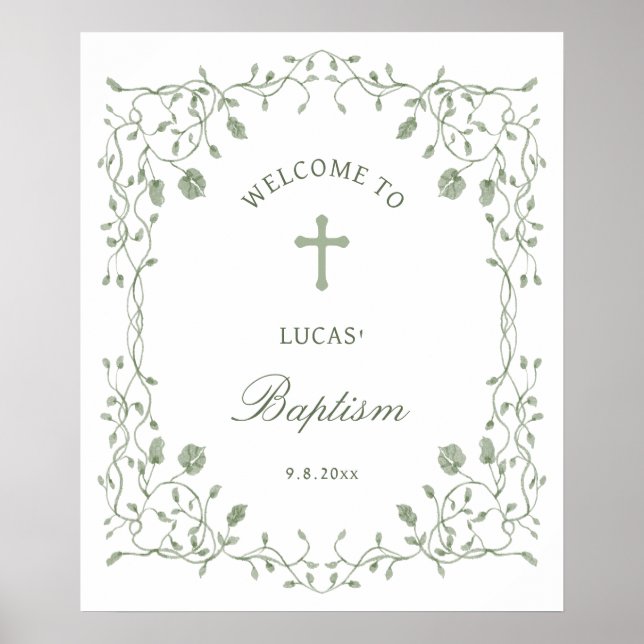 Sage Green Foliage Frame Baptism Welcome Poster (Framsidan)