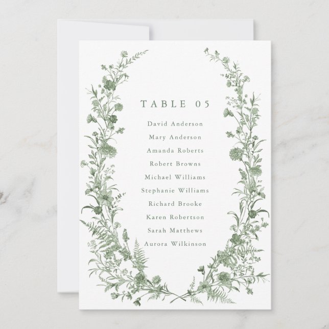Sage green foliage Spring Chic Seating Chart card  Inbjudningar (Framsida)