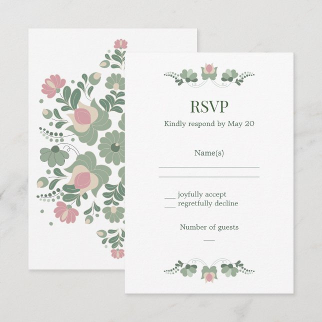 Sage Green Folk Floral Wedding RSVP OSA Kort (Fram/baksida)