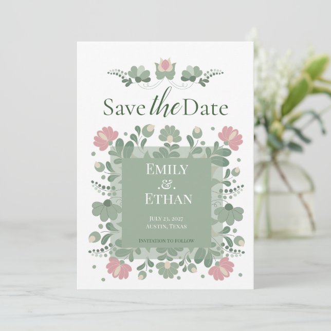 Sage Green Folk Wildflower Save the Date Spara Datumet (Stående Fram)