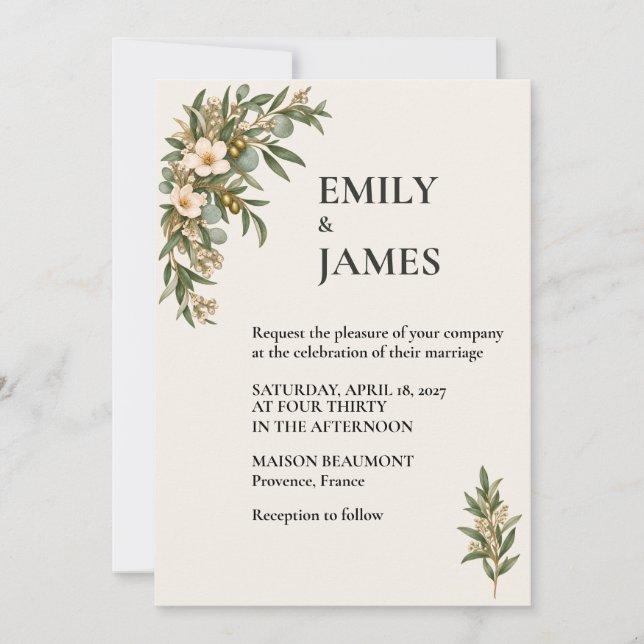 Sage Green French Botanical Wedding Inbjudningar (Framsida)