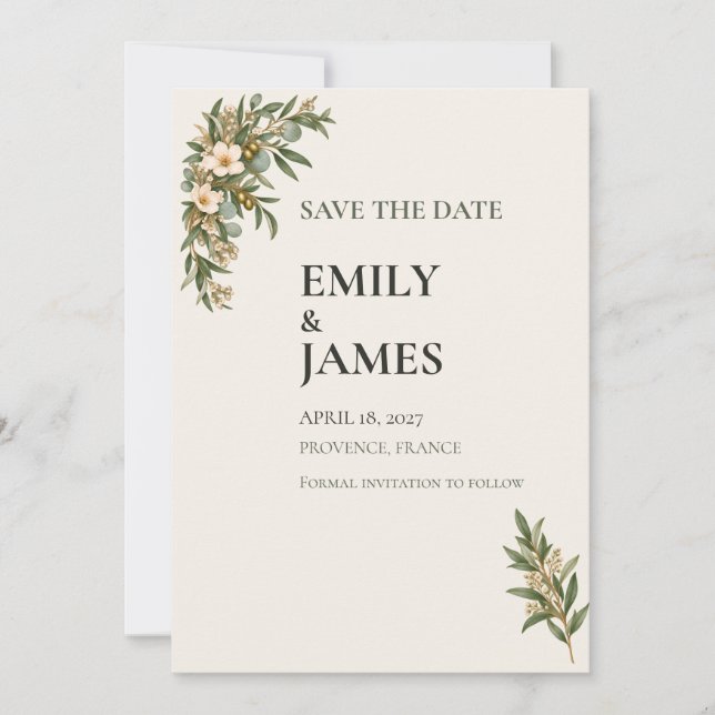 Sage Green French Botanical Wedding Save the Date Spara Datumet (Framsida)