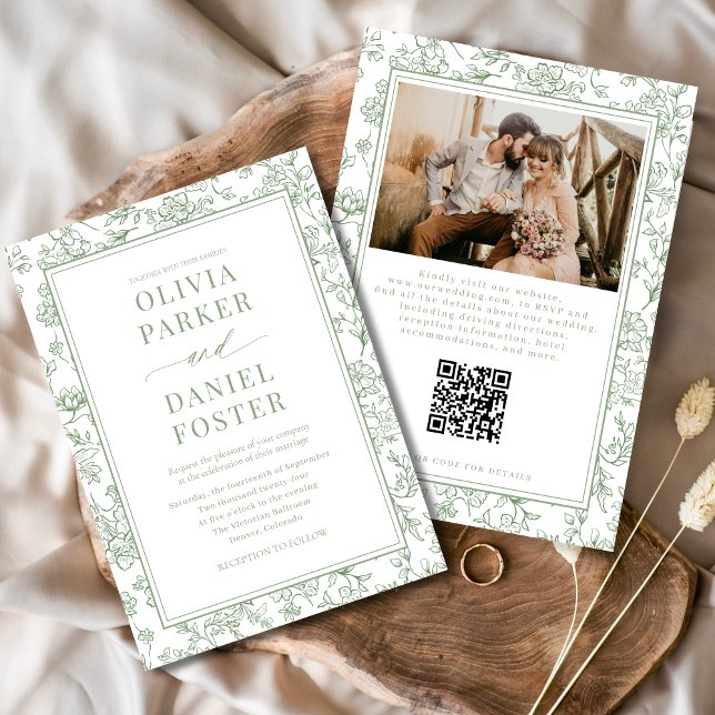 Sage Green French Floral QR Code Toile Inbjudningar (Skapare uppladdad)