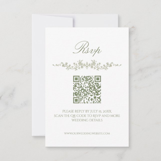 Sage Green French Floral RSVP Card with QR Code Inbjudningar (Framsida)