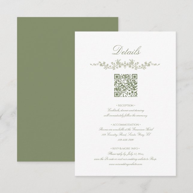  Sage Green French Floral with QR Code Wedding Tilläggskort (Fram/baksida)