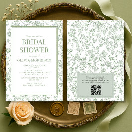 Sage Green French Toile QR Code Bridal Shower Inbjudningar