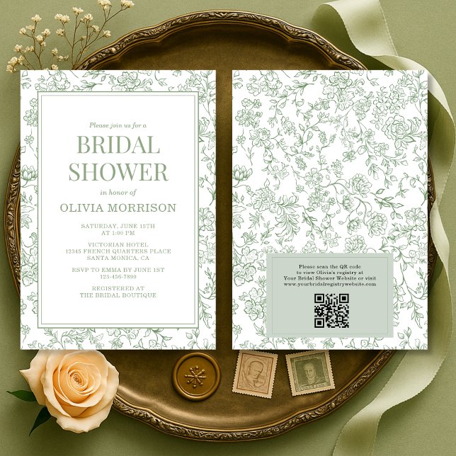 Sage Green French Toile QR Code Bridal Shower Inbjudningar (Skapare uppladdad)