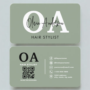 Sage Green Frisör Monogram QR-kod Visitkort