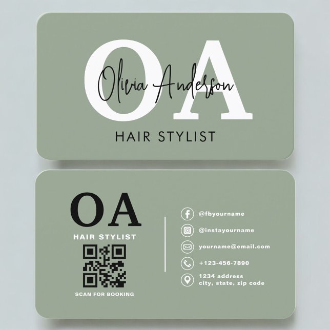 Sage Green Frisör Monogram QR-kod Visitkort (Skapare uppladdad)