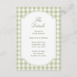Sage Green Gingham Baby Shower-detaljer Tilläggskort