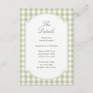 Sage Green Gingham Baby Shower-detaljer Tilläggskort