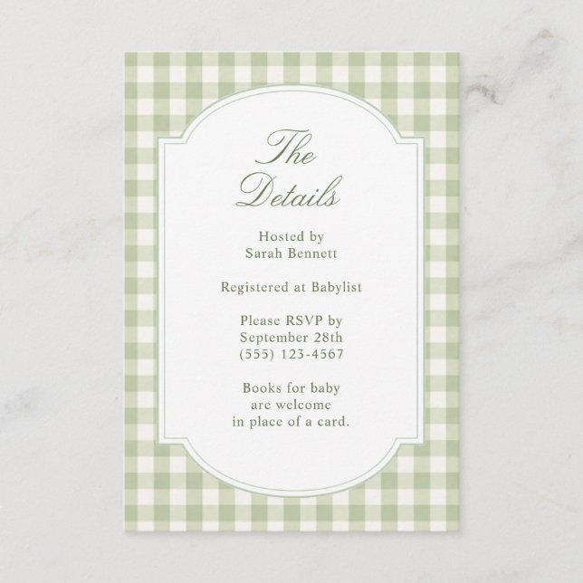 Sage Green Gingham Baby Shower-detaljer Tilläggskort (Framsida)