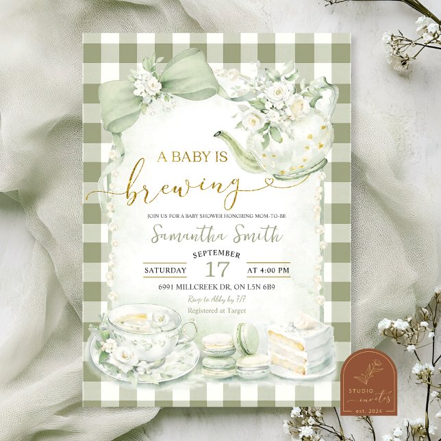 Sage Green Gingham Baby väntar Baby Shower Inbjudningar (Skapare uppladdad)
