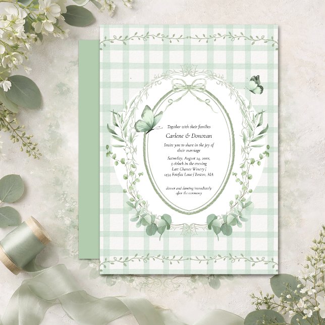 Sage Green Gingham Botanical Wedding | Inbjudningar (Skapare uppladdad)