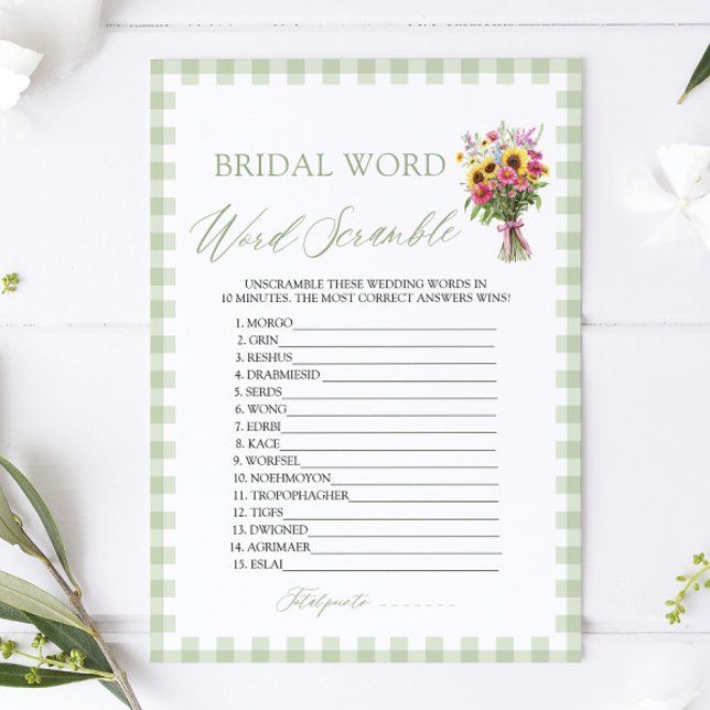 Sage Green Gingham Bridal Word Scramble Game Inbjudningar (Sage Green Gingham Bridal Word Scramble Game)