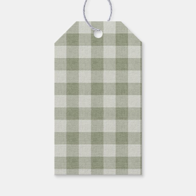 Sage Green Gingham Buffalo Check Linen Texture Presentetikett (Framsidan)