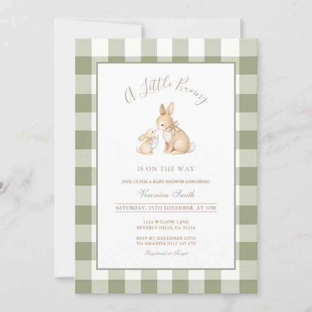 Sage Green Gingham Bunny Baby Shower Invitation Inbjudningar (Framsida)