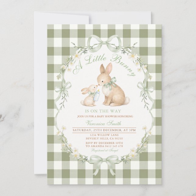 Sage Green Gingham Bunny Neutral Baby Shower  Inbjudningar (Framsida)