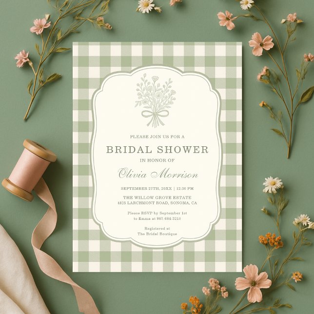 Sage Green Gingham Floral Bow Bridal Shower Inbjudningar (Skapare uppladdad)