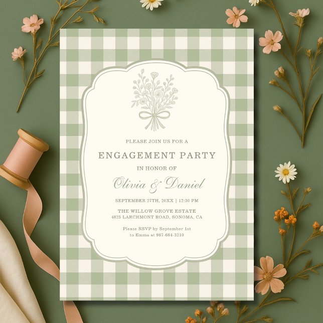 Sage Green Gingham Floral Engagement Party Inbjudningar (Skapare uppladdad)