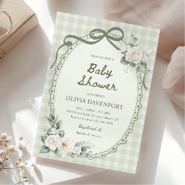 Sage Green Gingham Floral Garden Baby Shower Inbjudningar