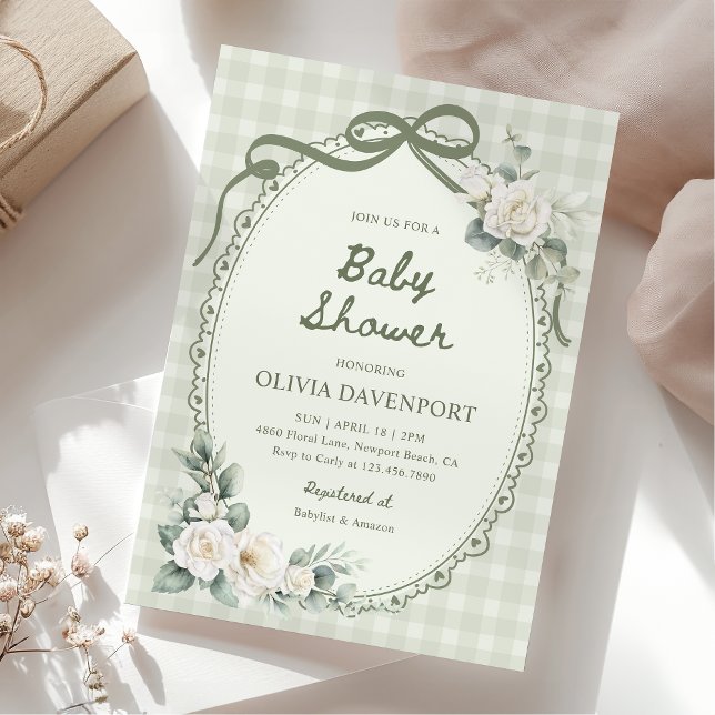 Sage Green Gingham Floral Garden Baby Shower Inbjudningar (Skapare uppladdad)