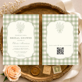 Sage Green Gingham Floral QR Code Bridal Shower Inbjudningar