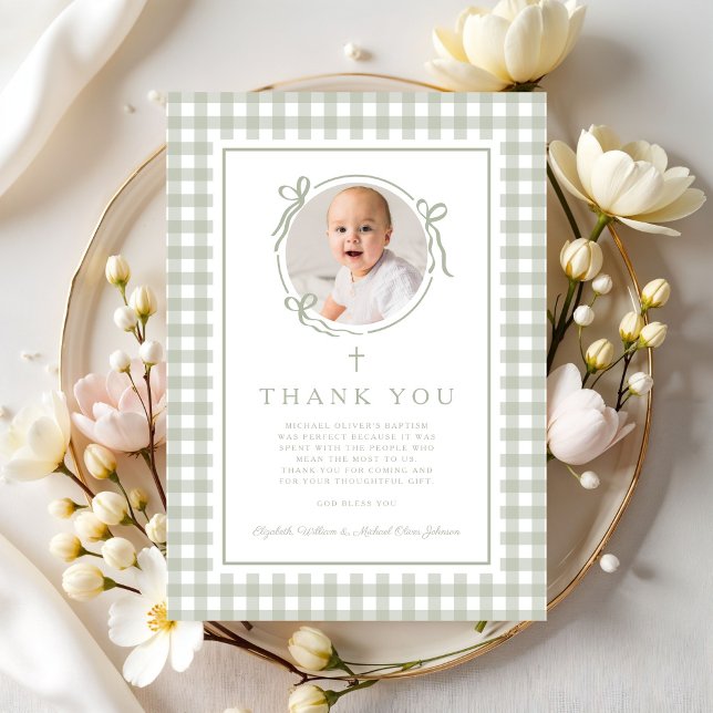 Sage Green Gingham Foto Pojke Dop Tack Kort (Sage Green Gingham Photo Boy Baptism Thank You Card)