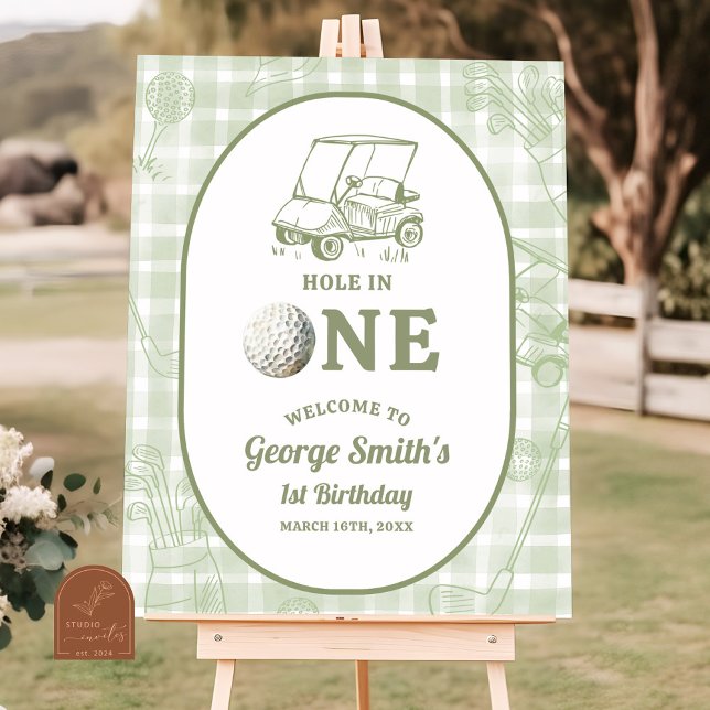 Sage Green Gingham Golf 1st Birthday Welcome Sign Poster (Skapare uppladdad)