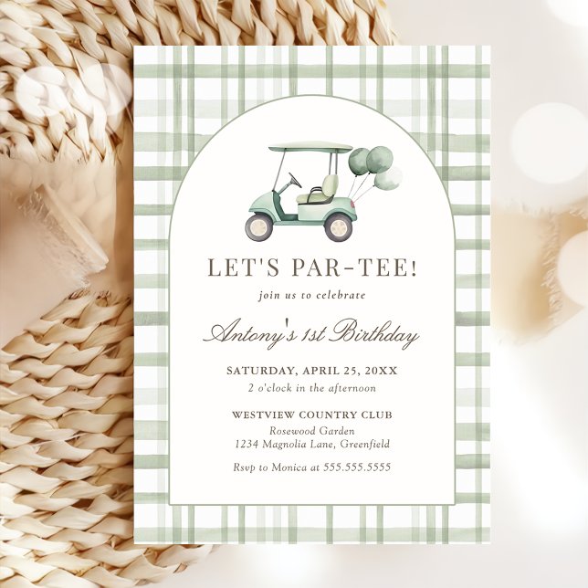 Sage Green Gingham Golf Birthday Invitation Inbjudningar (Skapare uppladdad)