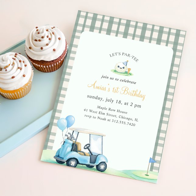 Sage Green Gingham Golf First Birthday Inbjudningar (Skapare uppladdad)