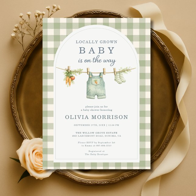 Sage Green Gingham Locally Grown Baby Shower Inbjudningar (Skapare uppladdad)