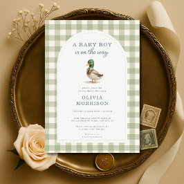 Sage Green Gingham Mallard Duck Bow Baby Shower Inbjudningar