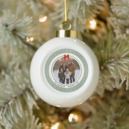 Sage Green Gingham Plaid Circle Photo Christmas Julgranskula Keramik