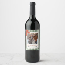 Sage Green Gingham Plaid Photo Christmas Vinflaska Etikett