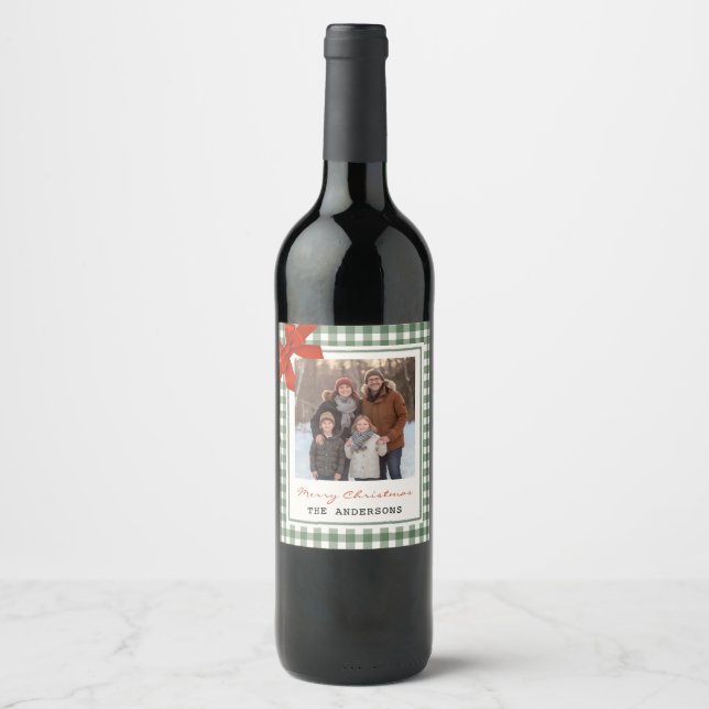 Sage Green Gingham Plaid Photo Christmas Vinflaska Etikett (Framsida)