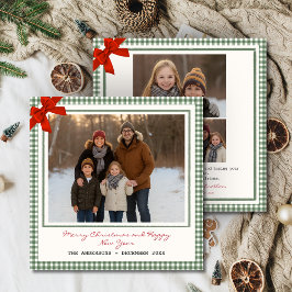 Sage Green Gingham Plaid Square Photo Christmas Julkort