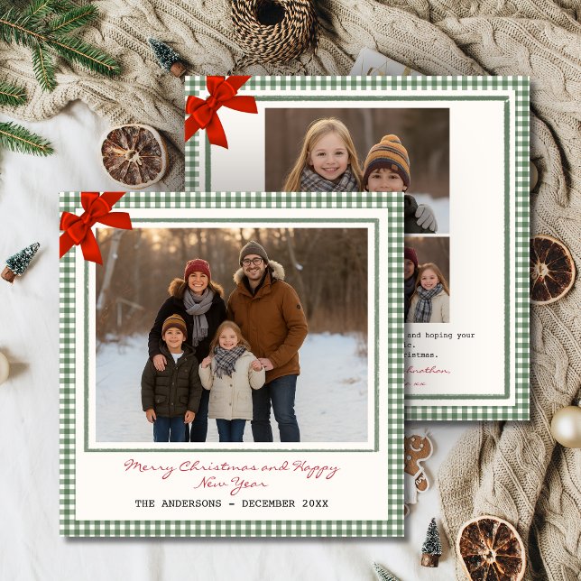 Sage Green Gingham Plaid Square Photo Christmas Julkort (Sage Green Gingham Plaid Square Christmas Holiday card with Multi photo)