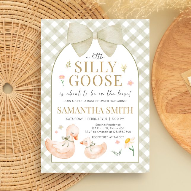 Sage Green Gingham Silly Goose Baby Shower Inbjudningar (Silly Goose Baby Shower Invitation)