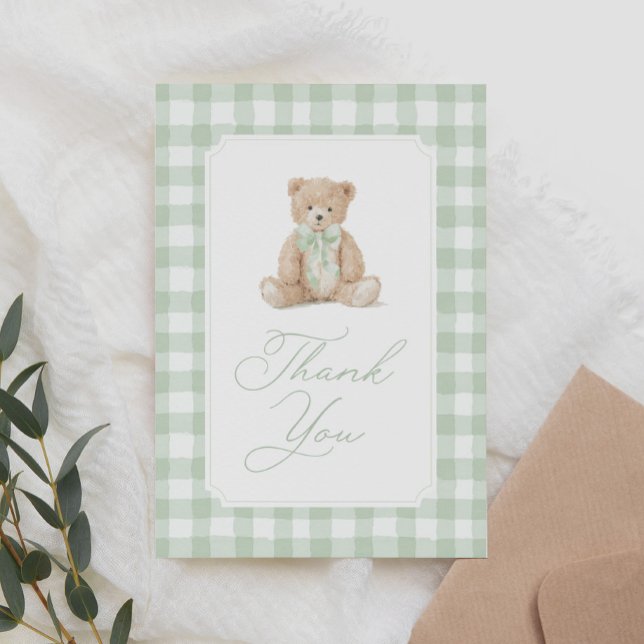 Sage Green Gingham Teddy Bear Baby Shower Tack Kort (Skapare uppladdad)