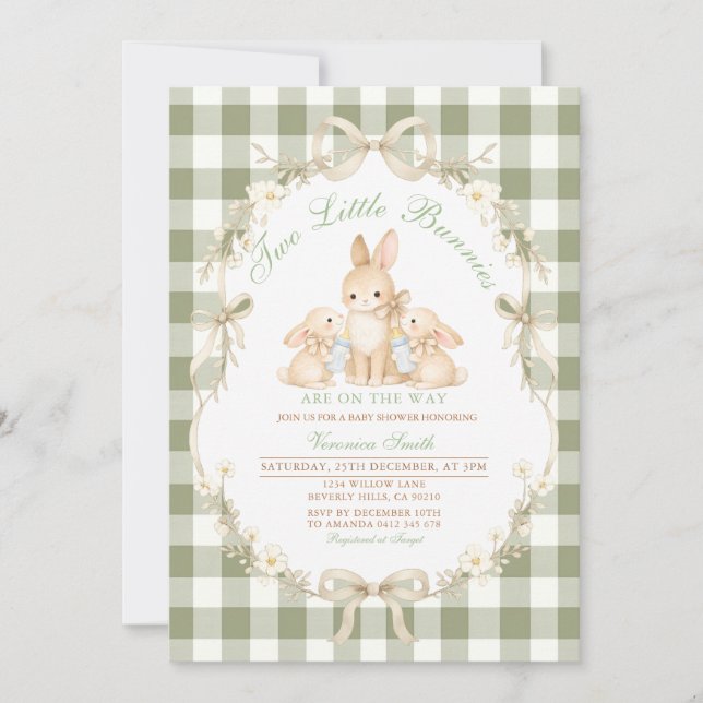 Sage Green Gingham Twins Baby Shower Invitation Inbjudningar (Framsida)