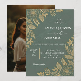 Sage Green Gold Botanical Photo Back Wedding Invit Inbjudningar