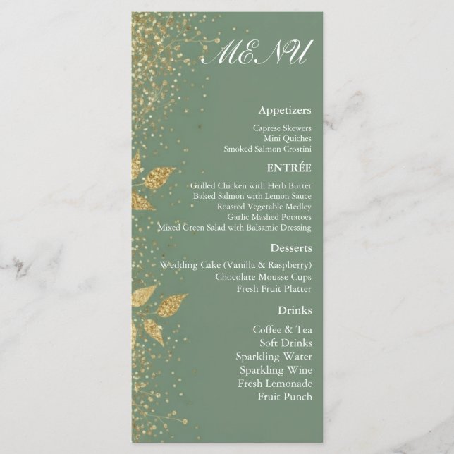 Sage Green Gold Botanical Wedding Reception Menu  Meny (Framsida)