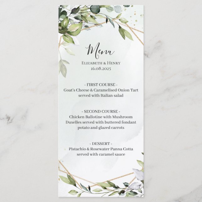 Sage green gold eucalyptus geometric wedding menu meny (Framsida)