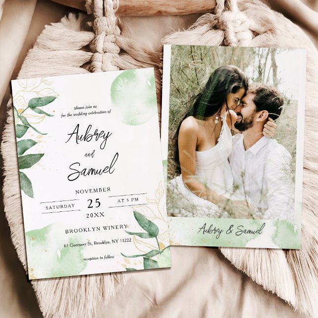 Sage Green Gold Eucalyptus Photo Wedding Inbjudningar (Skapare uppladdad)